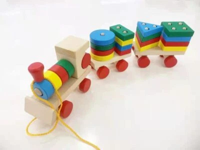20 PCs Learning Shapes Wooden Geometric Blocks Train Children Educational Toys - Image 1 of 3