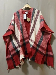 NWT NINE WEST Women Open Fringe Hem Wool Like Poncho Size O/S Red/Black Plaid - Picture 1 of 12