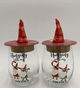 Holiday Time "Hanging With My Gnomies" 2 Stemless Wine Glasses w/Bottle Stoppers - Picture 1 of 22
