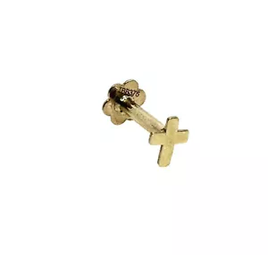 9CT YELLOW GOLD CROSS PIERCING STUD EARRING MINI CROSS LABRET STUD SOLID 9K GOLD - Picture 1 of 17