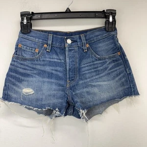 Levi’s 501 size 25 Women’s Blue Distressed Denim Raw Hem Cutoff Jean Shorts - Picture 1 of 7