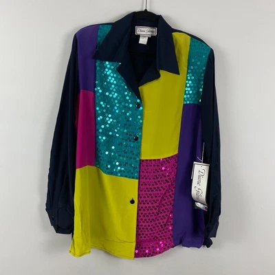 Blusa Diane Gilman 100 % seda talla grande lentejuelas abotonadas vintage hombreras Foto 1 de 4