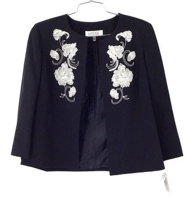 全新带标签 Kasper 女式黑色刺绣花卉西装外套 - 12P 码 — 第 1/4 张图片