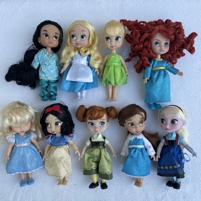 Lot 9 Disney Animators Collection Mini Dolls Princess Jasmine Anna Elsa Snow Wht - Image 1 of 4