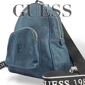 GUESS Backpack Medium Logo Denim Leather Blue Black Women's USED FROM JAPAN - Picture 1 of 10