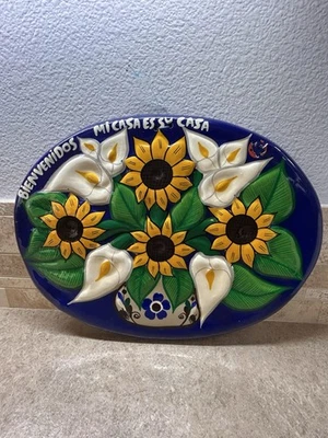 Talavera Mexican Wall Plaque Bienvenidos Mi Casa Es Su Casa Sunflowers Lilies - Image 1 of 4