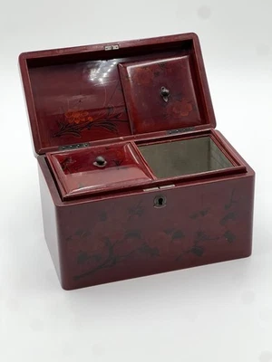 Lacquerware Tea Caddy, LARGE, Japanese Meiji Red Lacquerware with River Scene - Image 1 of 4