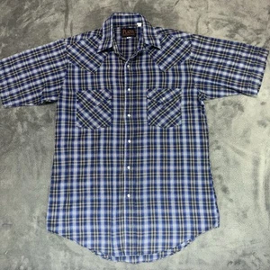 Plains Western Wear Mens Vintage Blue Shirt Pearl Snaps Cowboy Rodeo Size S - Picture 1 of 8
