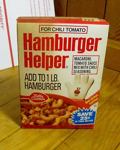 RARA scatola Hamburger Helper vintage anni 80 SIGILLATA NUOVA OLD FOOD PACKAGING peperoncino - Foto 1 di 3