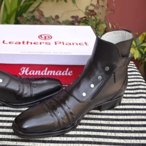 Handmade Men Classic Black Leather Ankle High Buckle Boot With Zipper and Button - Picture 1 of 4