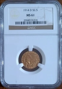 1914-D Indian $2 1/2 cuarto de águila de oro, NGC MS61 - Imagen 1 de 6