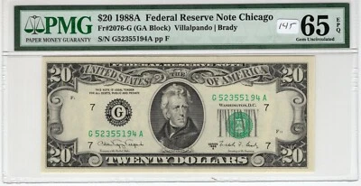 $20 1988A FRN Fr# 2076-G GA Block PMG Gem UNC 65 EPQ Chicago Villalpando Brady - Image 1 of 2