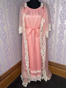 Ensemble robe de nuit vintage Jenelle of California Peignoir mousseline rose vif S - Photo 1/10