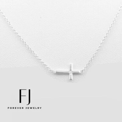 Women's 925 Italy Sterling Silver SideWay Cross Pendant 16"-18"Necklace + Box - Image 1 of 3