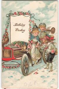 1907 Birthday Greeting People Car Horn Snow Embossed VTG Postcard SK2. - Picture 1 of 2