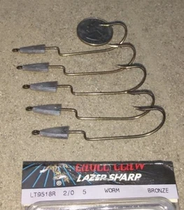 5-pack lot 25 hooks Eagle Claw Lazer Sharp Weighted Worm jig fish Bronze 2/0 - Picture 1 of 4