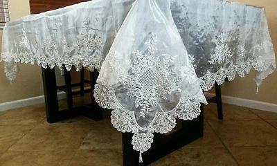 Mantel redondo de 70" bordado transparente hecho a mano con cuentas blanco boda fiesta nupcial Foto 1 de 4
