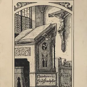 Exlibris Zeichnung Tinte Bücherei Fronhofer Symbolismus Orig monogrammiert 1905 - Bild 1 von 3