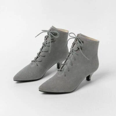 Замшевые лодыжки ботинки женщин середины котенка каблук острый носок шнурует вверх повседневные туфли новый - Изображение 1 из 4