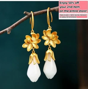Jade Drop Dangle Earrings Gold Flowers Bohemian Ear Hook 18K Gold Plated Gift - Picture 1 of 6