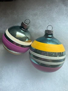 Vntg Shiny Brite Purple Ornament Stripe Blue Pink Yellow Set Lot 2 Christmas - Picture 1 of 6