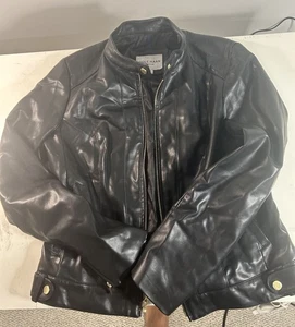 Cole Haan Women's Black Faux Leather Moto Jacket Size M - Zip Button - Picture 1 of 11