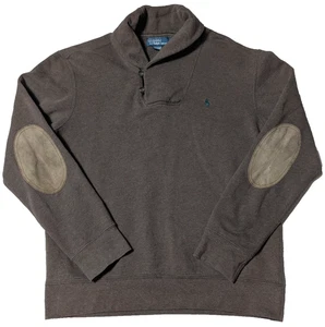 POLO VINTAGE RALPH LAUREN - Maglione uomo grande collo sciallato scamosciato toppa gomito marrone - Foto 1 di 17