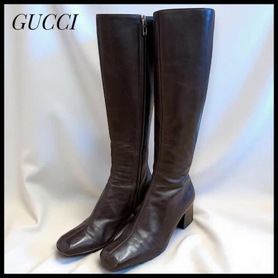 GUCCI Long Boots Shoes EU 38 US 8 Leather Dark Brown Authentic - Image 1 of 4