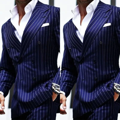 Business Men Suits Regular Fit Formal Prom Double Breasted Peak Lapel Striped - Image 1 of 4