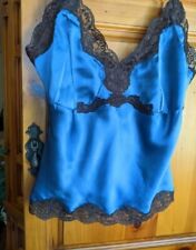 Women's Sunny Leigh Blue& Brown Camisole Top 00% Silk w/ Lace Trim Petite Small 