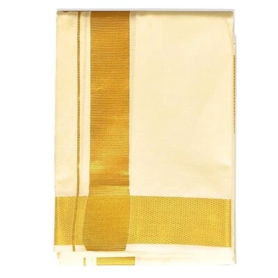 smt Cotton Double Cream Classic Dhoti With Big Golden Jari Border For Men's, 1no - Image 1 of 3