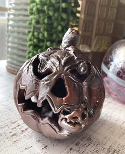 Signed Art Pottery Ugly Face Jack O Lantern Biting Mini Pumpkin Sculpture Scary - Picture 1 of 21
