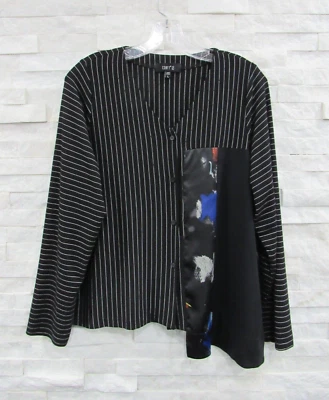 Удобный США черный белый в полоску модальный Джерси Funky искусный атласной панели рубашка верхний L - Изображение 1 из 4