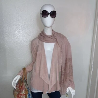 CHAQUETA SUÉTER CÁRDIGAN IMITACIÓN GAMUZA FRENTE ABIERTO CASCADA DRAPEADA INC MEDIANA Foto 1 de 4