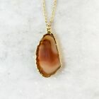 Natural Agate Slice Necklace - Gold Plated - Stone Pendant Raw Quartz