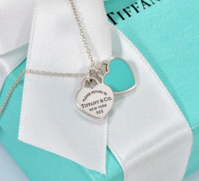 Collar Mini Doble Corazón Esmalte Azul 16.25" Please Return Tiffany & Co Plata Foto 1 de 4