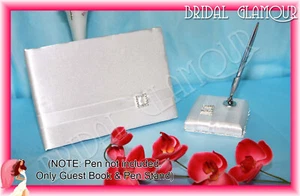 SQUARE DIAMANTE Wedding Guest Book & Pen Stand Keepsake Signature White - Picture 1 of 7