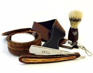 Classic Wooden 5 Pc Cut Throat Men's Straight Edge Razor Shaving Set/Kit - Picture 1 of 4