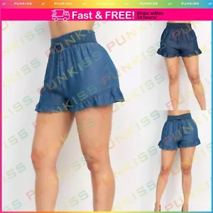 Womens Smocked High Waist Ruffled Denim Look Stretchy Cotton Bottom Shorts - Picture 1 of 9