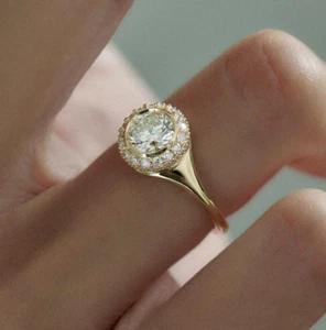 10K Yellow Gold Old Round Brilliant Cut 7.5MM Moissanite Bezel Setting Halo Ring - Picture 1 of 3