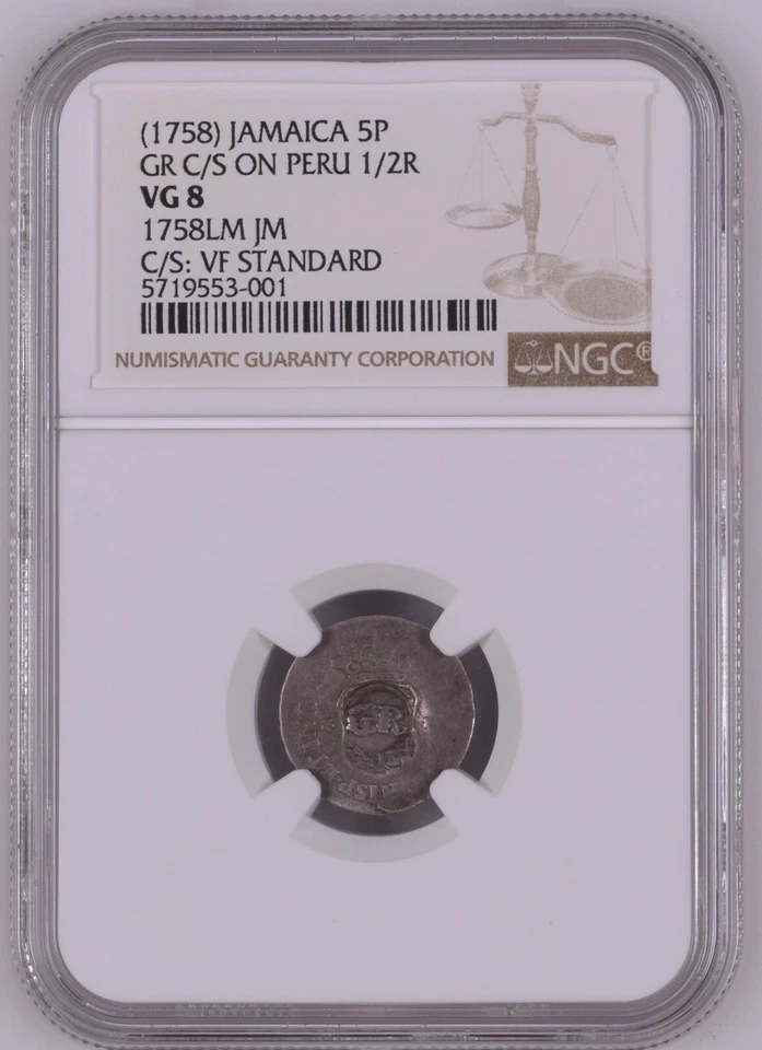 1758 PERU 5 PENCE w/ JAMAICA COUNTERMARK🌟NGC VERY GOOD🌟BARGAIN SALE PRICE! - Image 1 of 2