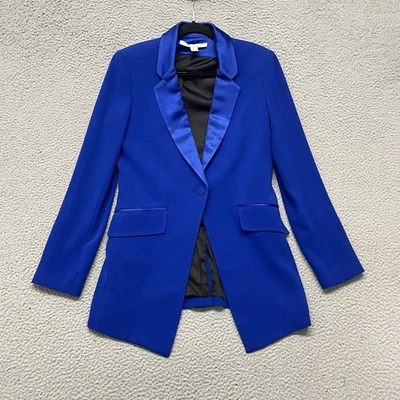 Blazer feminino Diane von Furstenberg 8 azul jaqueta para fumar 1 botão acabamento acetinado - Imagem 1 de 4