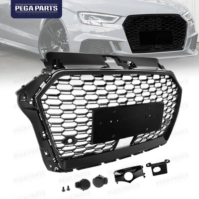 For 2017-20 Audi A3 RS3 Style Front Honeycomb Mesh Grille Gloss Black W/ACC Hole Foto 1 de 4