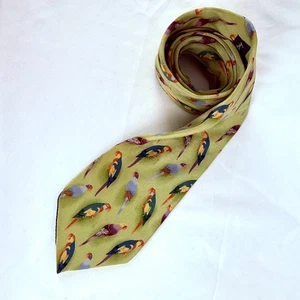 Pelican Bay Necktie Green Parrots Silk Tie Florida Novelty Bird Parakeets EUC - Picture 1 of 9