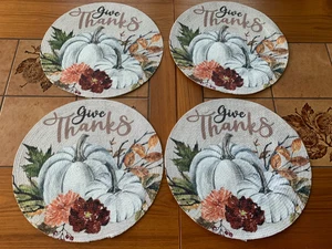 Juego de 4 manteles redondos de tela trenzada calabazas, otoño, cosecha, dar gracias - Imagen 1 de 13