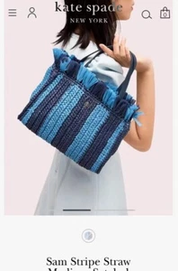 KATE SPADE Sam Stripe Straw Medium Raffia Tote Bag Brand New - Picture 1 of 15