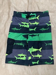 Hang Ten Swim Trunk Boys MEDIUM green black Striped Sharks Shorts Beach - Picture 1 of 4