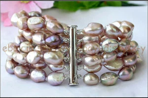 6 Rows 8-9mm Natural Lavender Purple Freshwater Baroque Pearl Bracelet 7.5'' - Picture 1 of 4