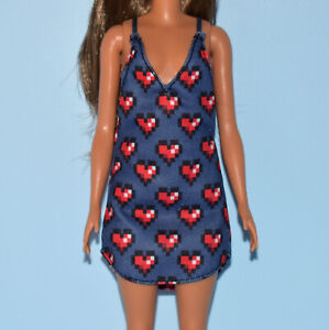 Genuine Petite Barbie Short Blue Jumper Dress w/ Red White Black Hearts Fashion