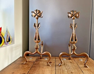 SUPERB PAIR OF BRONZE ANTIQUE ART NOUVEAU SECESSIONIST FLORAL FIRE DOGS ANDIRONS - Picture 1 of 17
